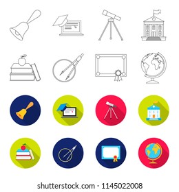 Books, an apple, a compass with a circle, a diploma with a seal, a globe. School set collection icons in outline,flat style bitmap symbol stock illustration web. - Shutterstock ID 1145022008