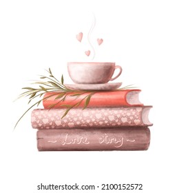 books and cup of hot drink with hearts, valentines illustration, watercolor style clipart good for card and print design