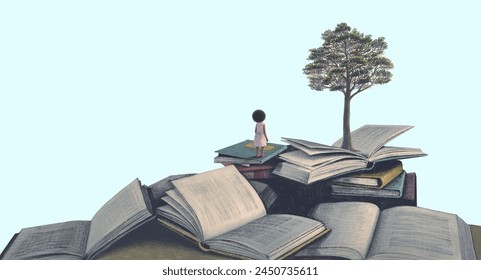 Books girl and tree. Conceptual art of education children dream hope and imagination. concept art. surreal painting. - Powered by Shutterstock