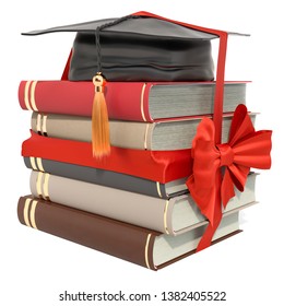 Books and graduation hat with red bow and ribbon. Scholarship for education in gift concept. 3D rendering isolated on white background