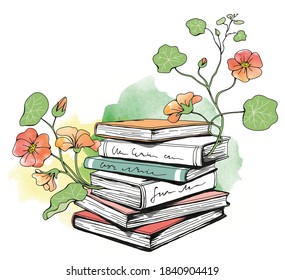 Books growing flowers watercolor drawing