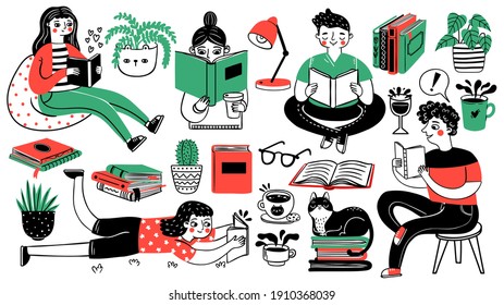 Books and readers. Happy people read and study. Book piles, houseplants, cat, tea and coffee cup. Hand drawn cartoon hobby decorative set. Young person read book with tea and cat illustration - Powered by Shutterstock