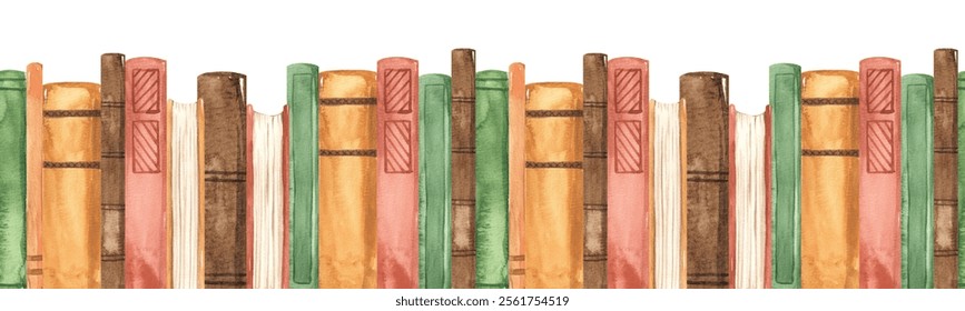Books in a row, library, random learning for textures, prints, packaging on a white background Watercolor seamless border 