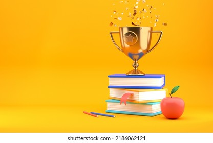 Books Stack Apple Golden Trophy Award With Falling Confetti On Yellow Background. Competition Winner Prize. 3d Rendering.