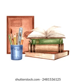 Books stack and stationery in plastic cup. Composition with Notebook, textbook and writing utensils. Hand drawn watercolor illustration isolated. Education concept. Template for card, sticker, website - Powered by Shutterstock