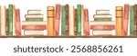 Books, stacks, library, learning in random order for textures, prints, packaging on white background Watercolor seamless border
