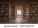 Bookshelf in Library with antique books. 3d rendering