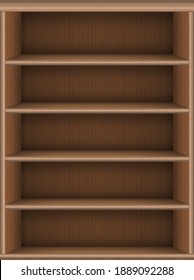 Bookshelf Virtual Library. Realistic Wooden Online Media Books Background. Book Store Shelf Template. Tablet Screen Size. Isolated Graphic Illustration.