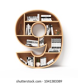 Bookshelves 3d font. Alphabet in the form of book shelves. Mockup font.  Number 9 3d rendering