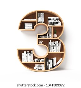 Bookshelves 3d font. Alphabet in the form of book shelves. Mockup font.  Number 3 3d rendering