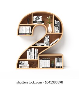 Bookshelves 3d Font. Alphabet In The Form Of Book Shelves. Mockup Font.  Number 2 3d Rendering