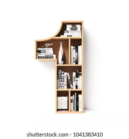 Bookshelves 3d Font. Alphabet In The Form Of Book Shelves. Mockup Font.  Number 1 3d Rendering