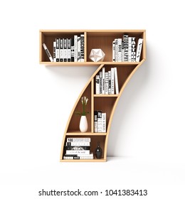 Bookshelves 3d Font. Alphabet In The Form Of Book Shelves. Mockup Font.  Number 7 3d Rendering