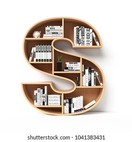 Bookshelves 3d font. Alphabet in the form of book shelves. Mockup font.  Letter S 3d rendering