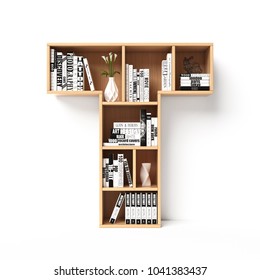 Bookshelves 3d Font. Alphabet In The Form Of Book Shelves. Mockup Font.  Letter T 3d Rendering