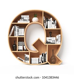 Bookshelves 3d Font. Alphabet In The Form Of Book Shelves. Mockup Font.  Letter Q 3d Rendering