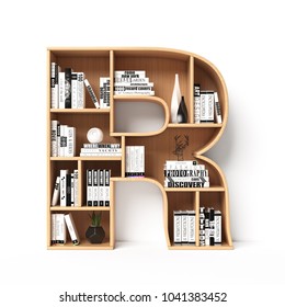 Bookshelves 3d Font. Alphabet In The Form Of Book Shelves. Mockup Font.  Letter R 3d Rendering