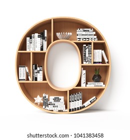 Bookshelves 3d Font. Alphabet In The Form Of Book Shelves. Mockup Font.  Letter O 3d Rendering