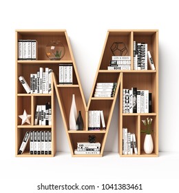 Bookshelves 3d Font. Alphabet In The Form Of Book Shelves. Mockup Font.  Letter M 3d Rendering