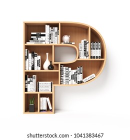 Bookshelves 3d Font. Alphabet In The Form Of Book Shelves. Mockup Font.  Letter P 3d Rendering