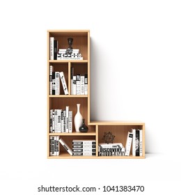 Bookshelves 3d Font. Alphabet In The Form Of Book Shelves. Mockup Font.  Letter L 3d Rendering