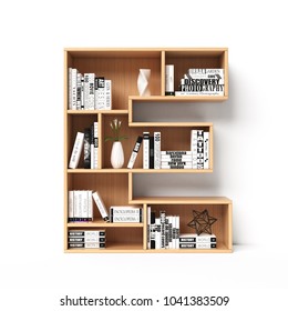 Bookshelves 3d Font. Alphabet In The Form Of Book Shelves. Mockup Font.  Letter E 3d Rendering