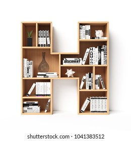 Bookshelves 3d Font. Alphabet In The Form Of Book Shelves. Mockup Font.  Letter H 3d Rendering