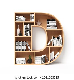 Bookshelves 3d Font. Alphabet In The Form Of Book Shelves. Mockup Font.  Letter D 3d Rendering