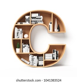 Bookshelves 3d font. Alphabet in the form of book shelves. Mockup font.  Letter C 3d rendering