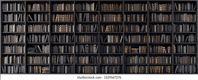 Bookshelves in the library with old books 3d render 3d illustration