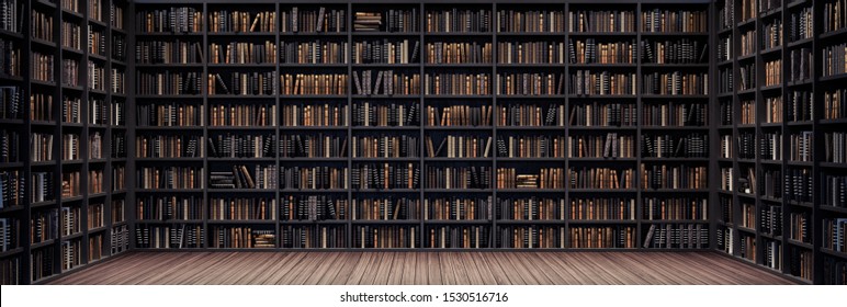 Bookshelves in the library and old books 3d render 3d illustration