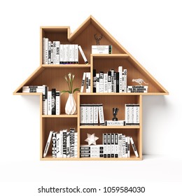 Bookshelves In The Shape Of House, Home Book Shelf Concept 3d Rendering