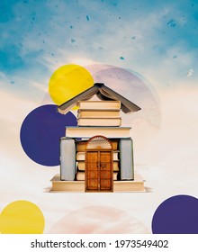 Bookstore. The Old Door. Colorful Background. Photo Manipulation. Book Cover Design. House Made Of Books. Hardcover.