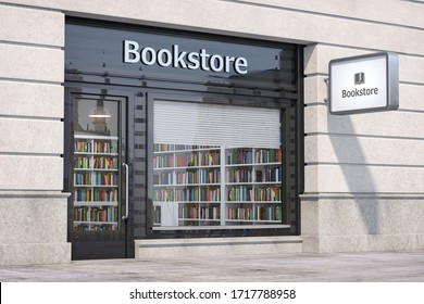 Bookstore Shop Exterior With Books And Textbooks In Showcase. 3d Illustration