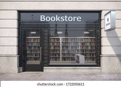 Bookstore Shop Exterior With Books And Textbooks In Showcase. 3d Illustration