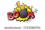 Boom expression text. Bomb bubble in pop art style. Comic Raster illustration of a bright and dynamic cartoonish dynamite image in retro style isolated on white background