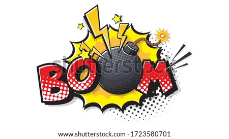 Boom expression text. Bomb bubble in pop art style. Comic Raster illustration of a bright and dynamic cartoonish dynamite image in retro style isolated on white background