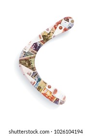 Boomerang Of Red Wood With Application Of Money Of The Russian Federation. Russian Rubles. 3d Illustration, Isolated On White Background