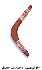 Boomerang Of Red Wood With Application Of Money Of The Russian Federation. Russian Rubles. 3d Illustration, Isolated On White Background