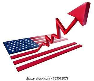 Booming American Economy Growth And Economic United States GDP Increase As A US Flag Transforming Into An Upward Rising Arrow As A 3D Illustration.