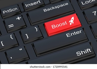 Boost button at the black computer keyboard. 3D illustration