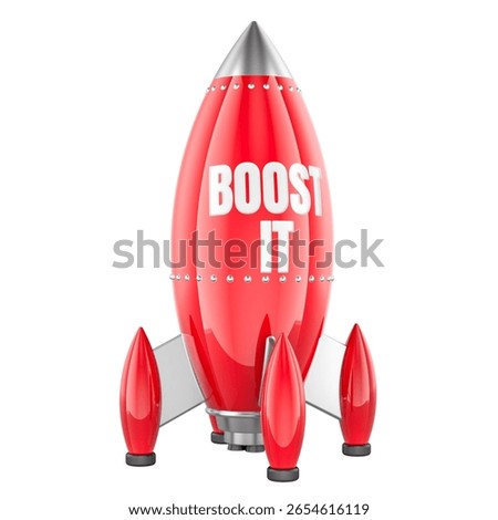 Boost It, red rocket with text. 3D rendering isolated on white background