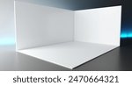 Booth 3d corner. Square corner. 3D exhibition booth. Showroom.  Empty geometric square. Blank box template. White blank exhibition stand. Presentation event room.