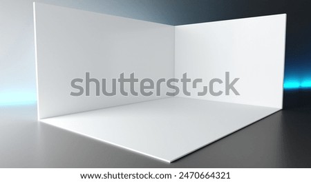 Booth 3d corner. Square corner. 3D exhibition booth. Showroom.  Empty geometric square. Blank box template. White blank exhibition stand. Presentation event room.