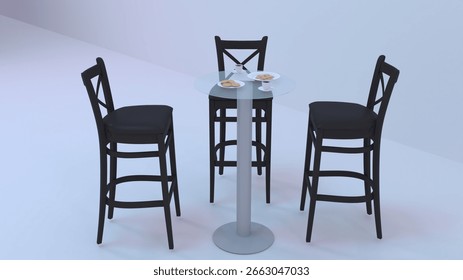Booth high table and three chairs made from black wooden top and white legs. Cafe or exhibition display bar counter with stools. Product show.
