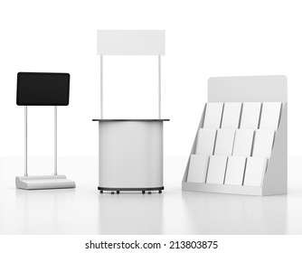 booth or kiosk from front view with and display and catalogs. 3d render