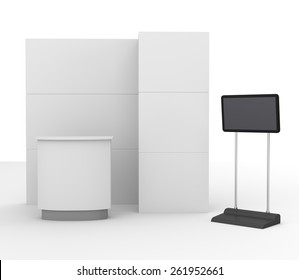 booth mock-up with tv display for a trade fair from front view