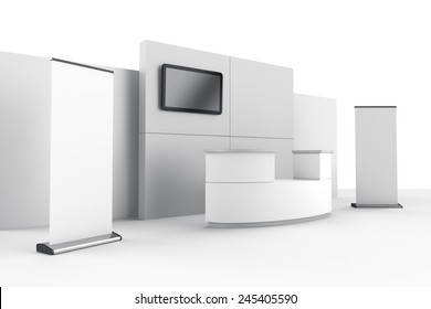 Booth Or Stall With Wall, Tv And Roll-ups From Side