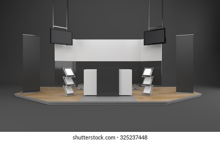 booth or stall with wooden floor and tv displays. 3D rendering