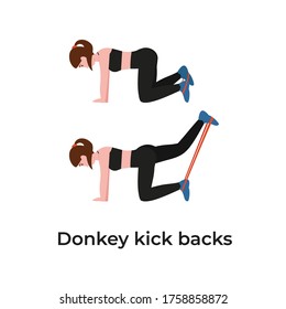 Booty Or Glutes Workout With Resistance Bands. Donkey Kick Backs. Stay Home And Do Sport. Flat Cartoon Modern Illustration.